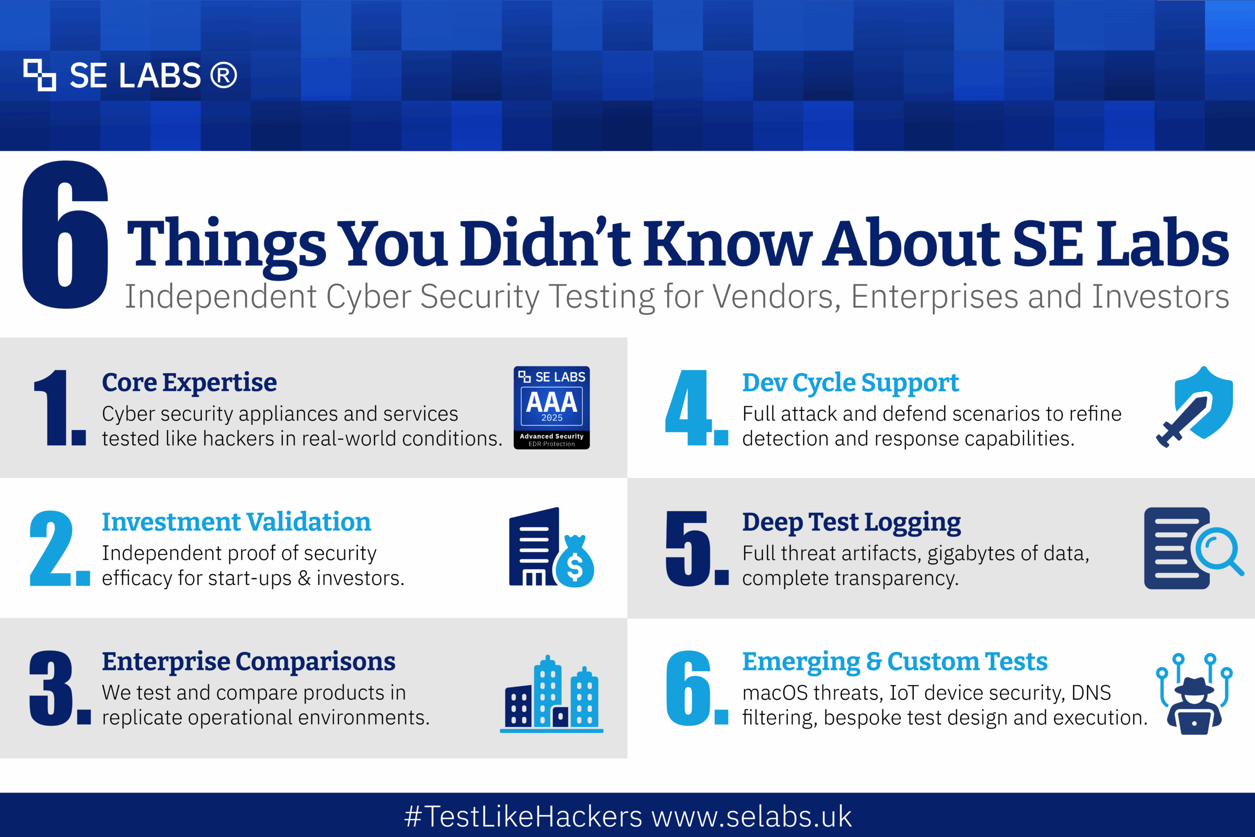 SE Labs Infographic depicting what types of cyber security testing.